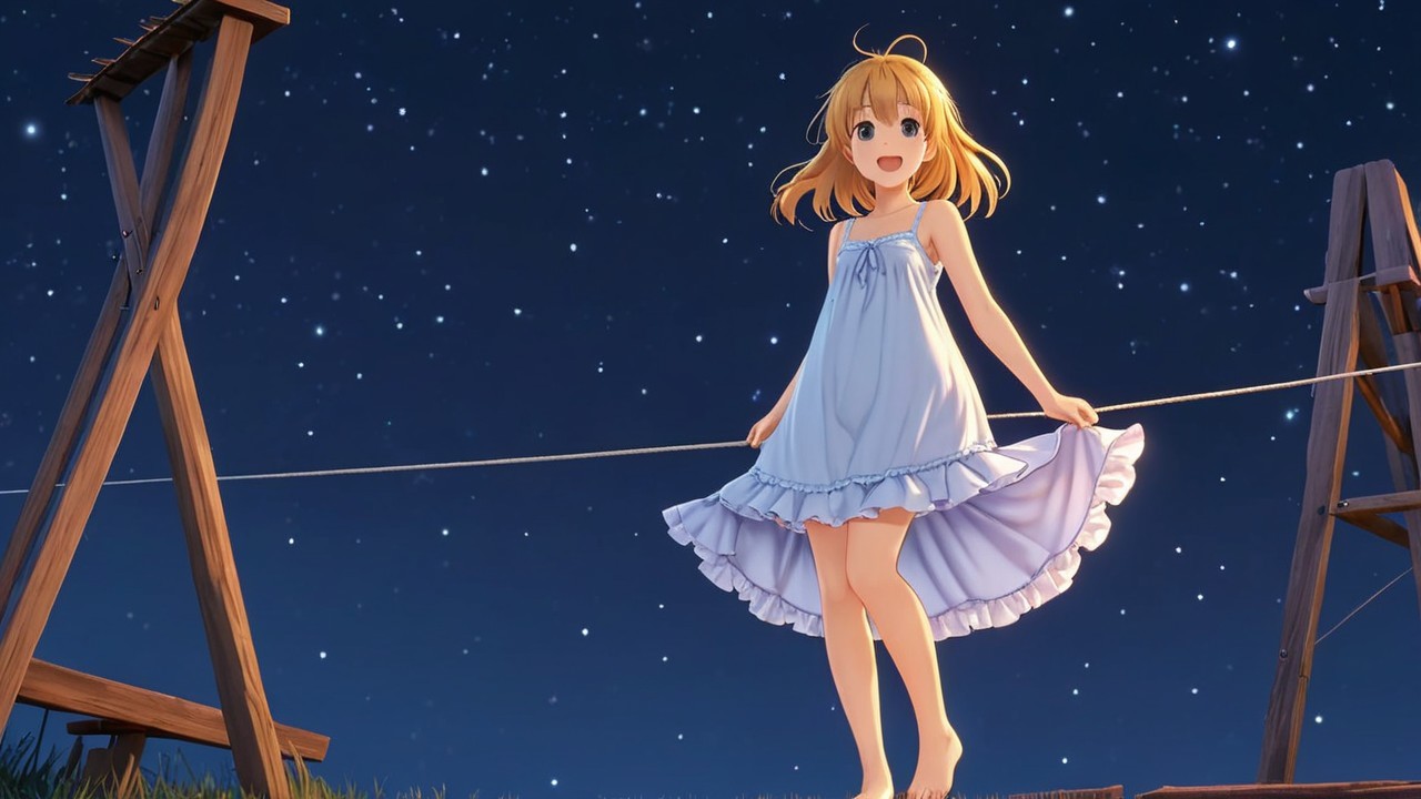 Young girl on clothesline under starry night sky