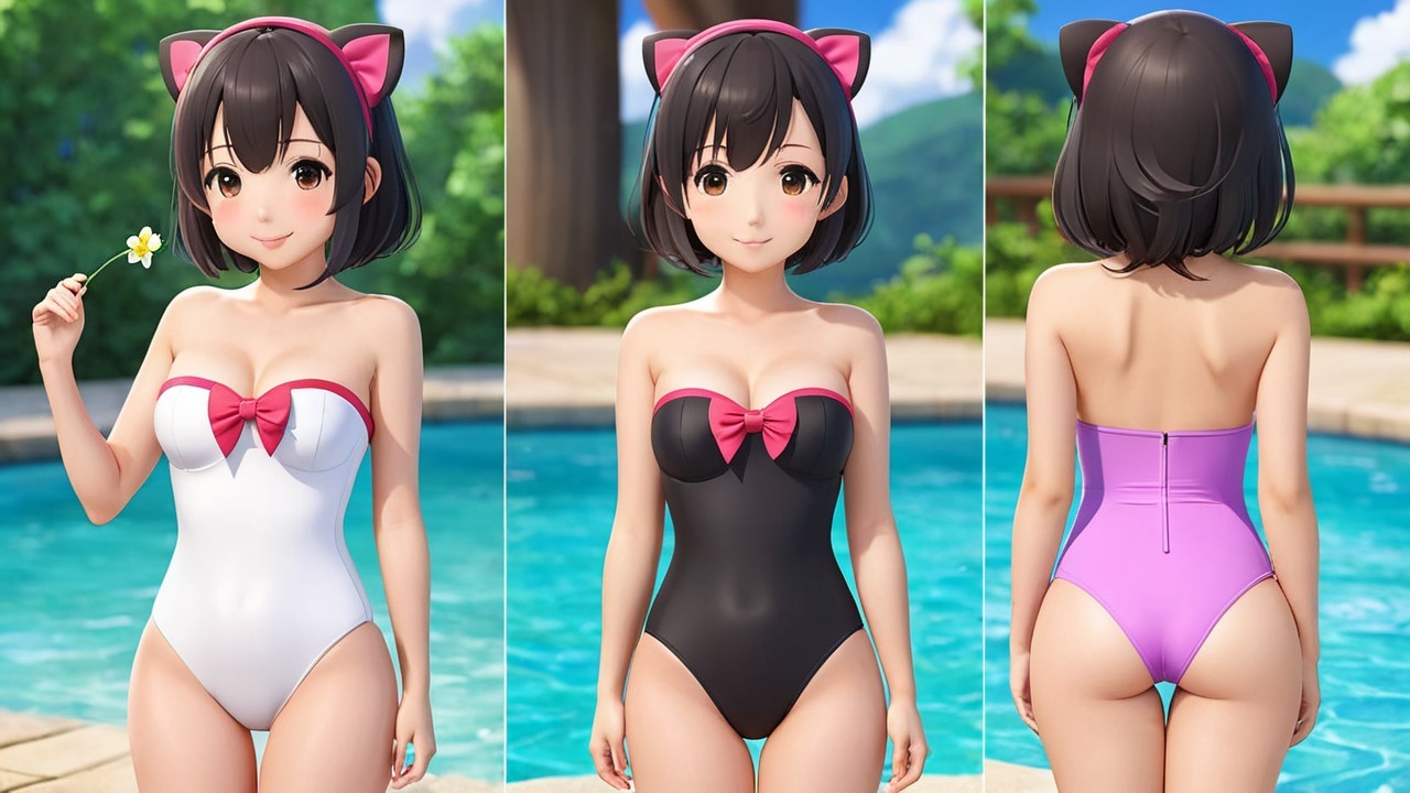 Character Displaying Three Unique Swimsuit Designs