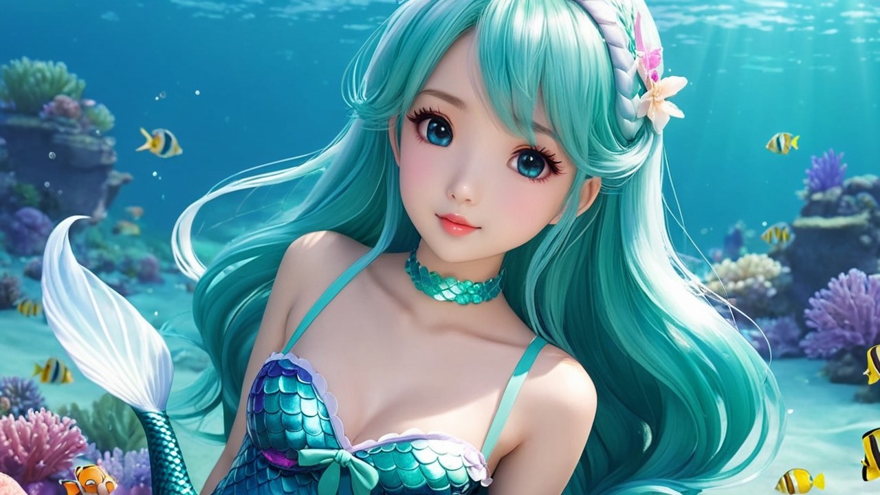 Vibrant Underwater Scene with Mermaid and Coral