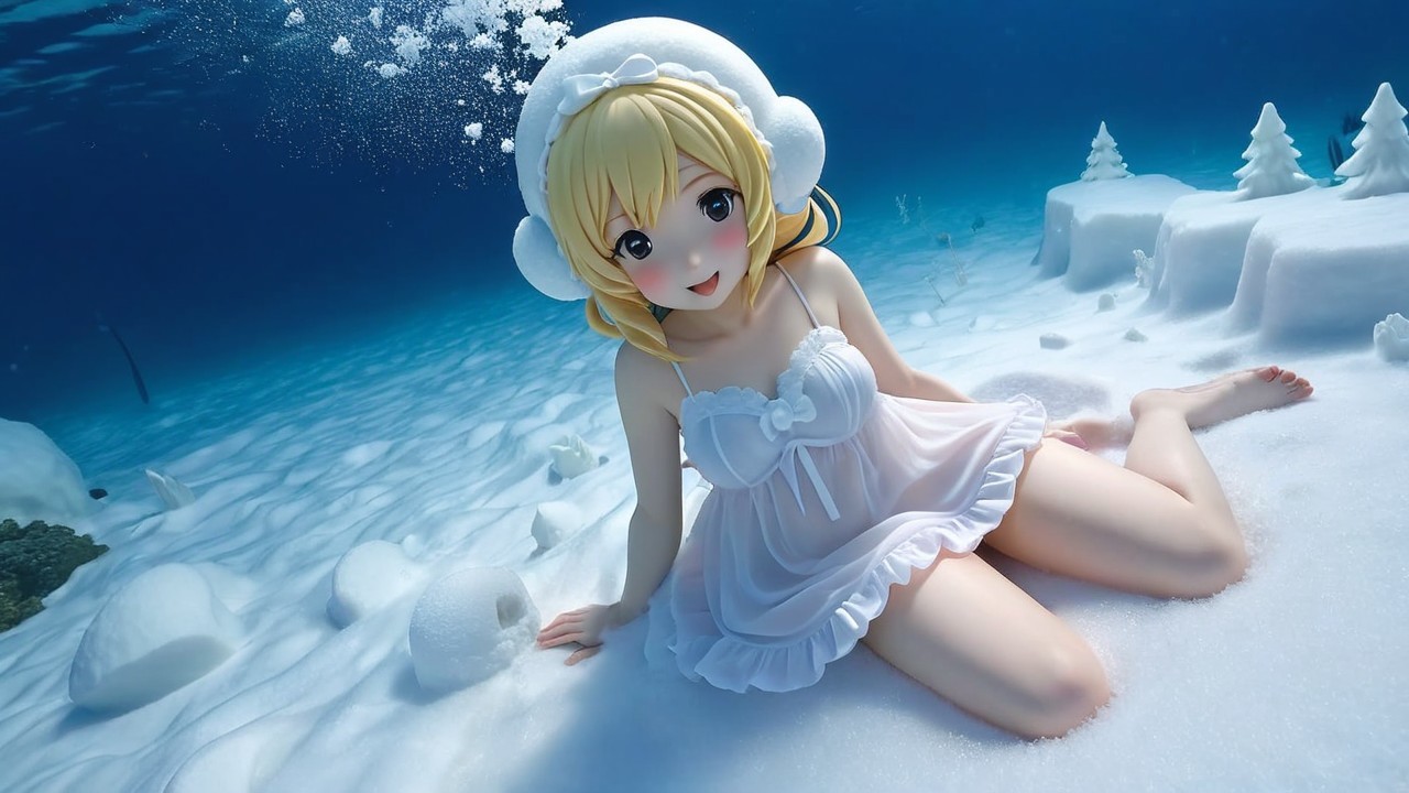 Cheerful anime character in serene underwater setting