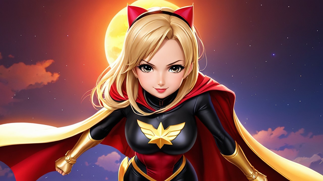 Stylized Superheroine in Black and Gold Costume