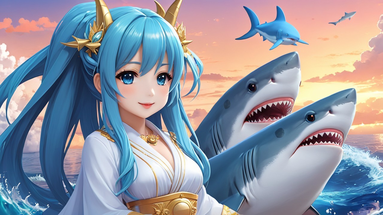 Fantasy Artwork of Girl with Blue Hair and Sharks