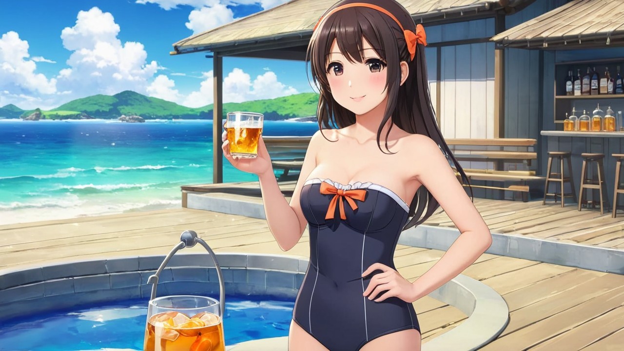 Cheerful character by sparkling pool in stylish swimsuit
