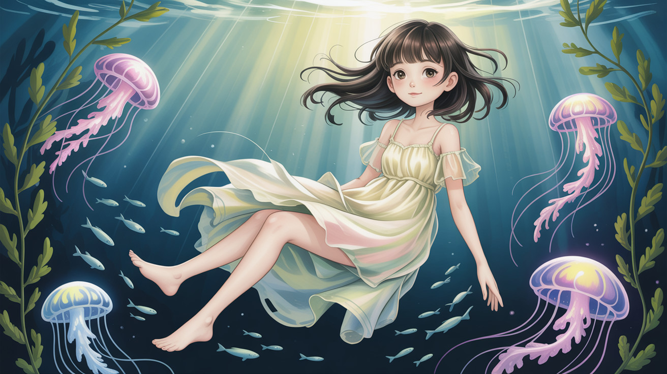 Anime Girl in Pastel Dress Floating Underwater