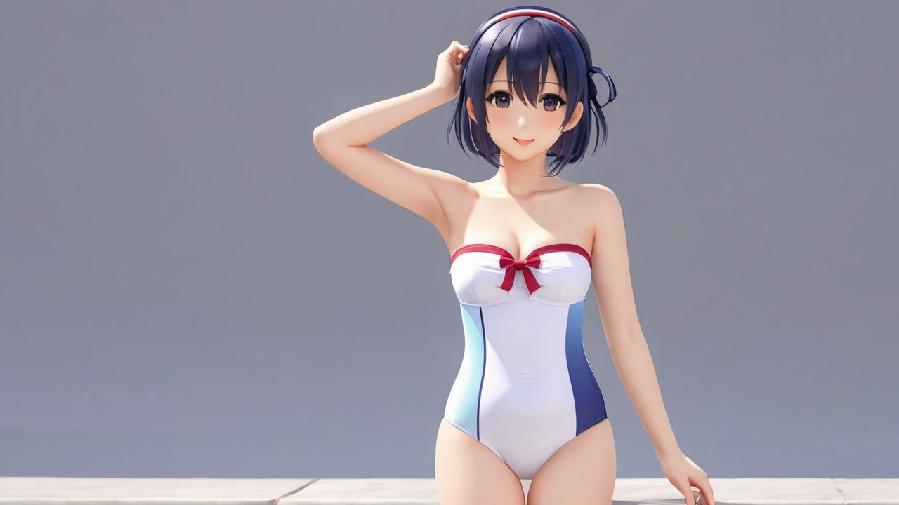 Young woman in stylish swimsuit with red bow accent