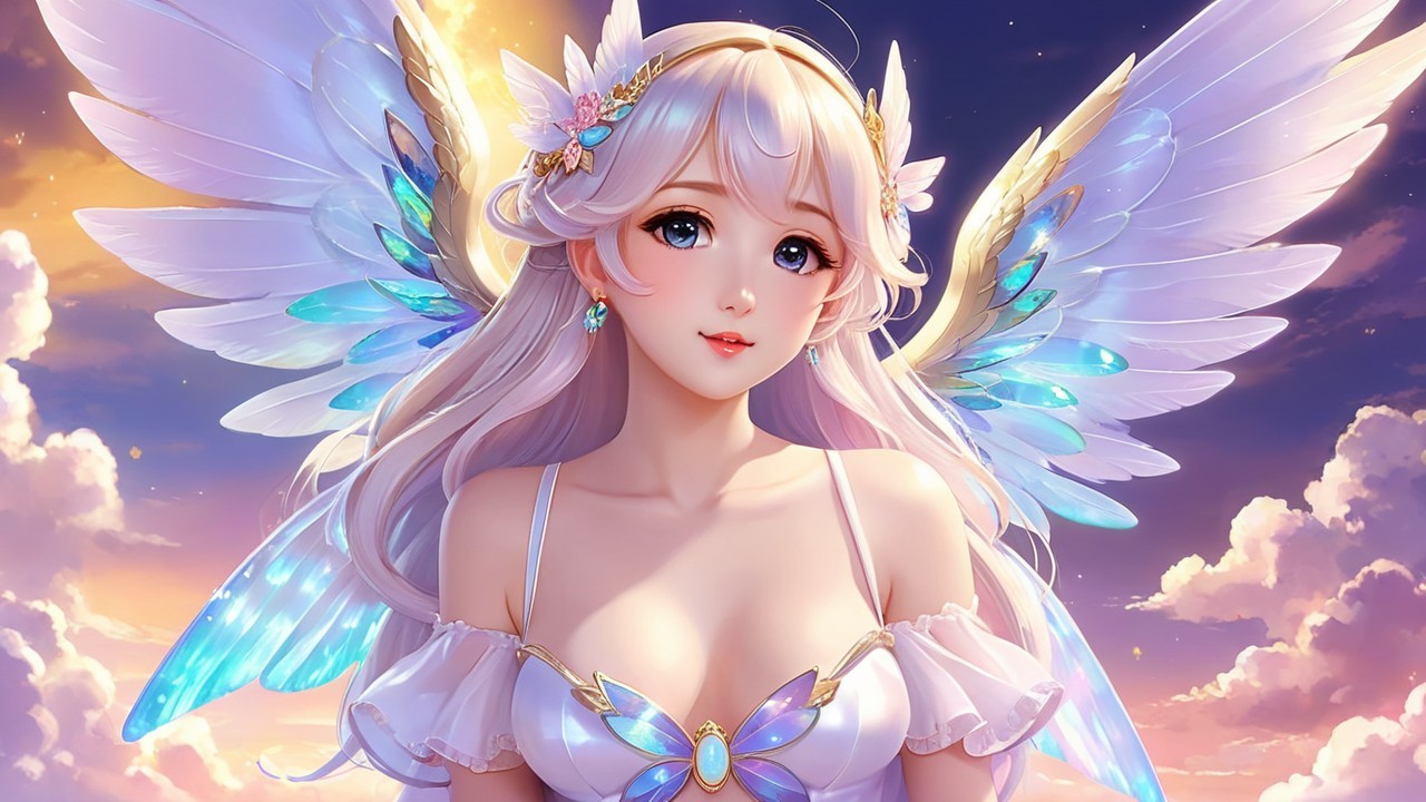 Angelic Figure with Platinum Hair and Iridescent Wings