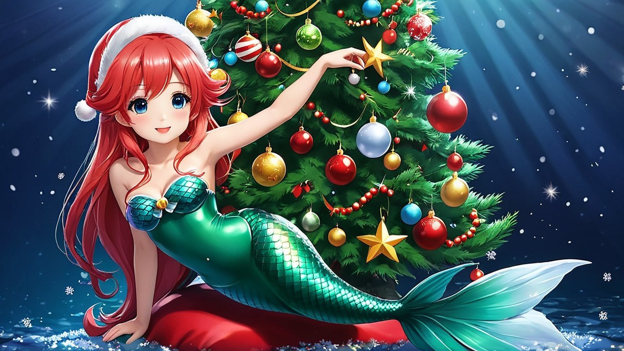 Mermaid by Christmas Tree in Festive Setting