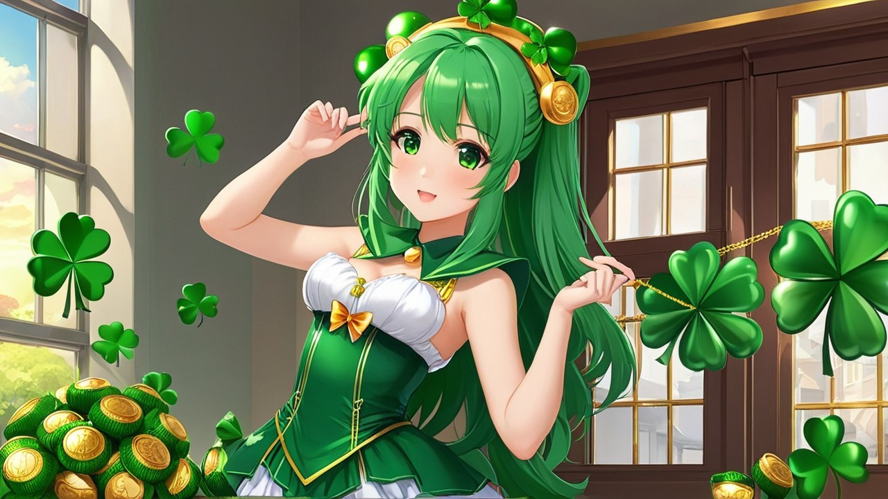 Cheerful Character in Green Outfit with Shamrocks and Coins