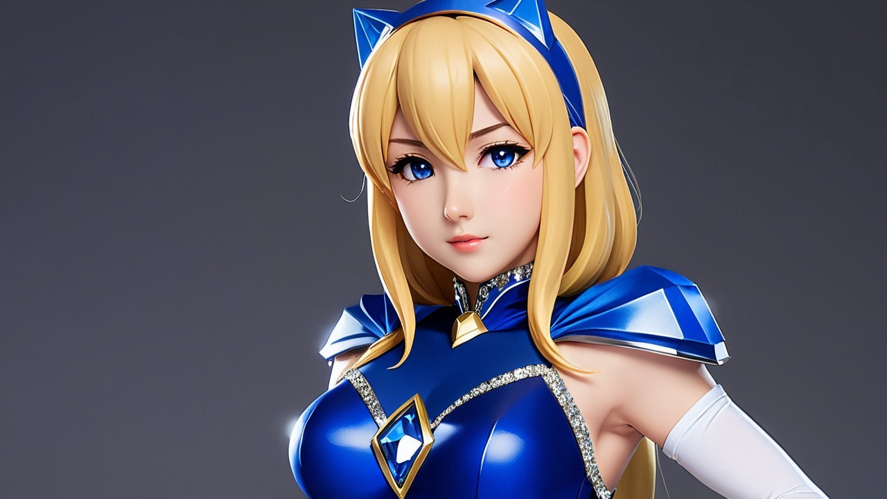 Stylized female character with blue costume and cat ears