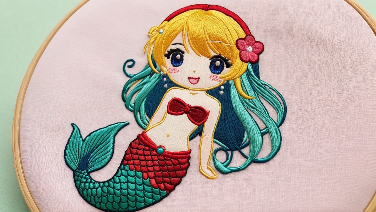 Colorful Embroidered Mermaid Design on Pink Fabric