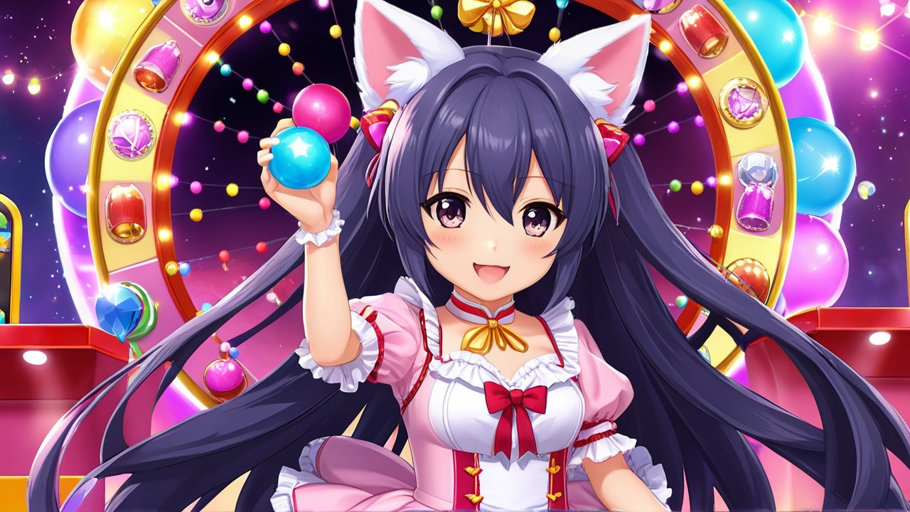 Cheerful anime character at a vibrant carnival scene