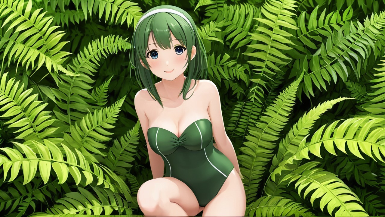 Young woman with green hair in tropical ferns