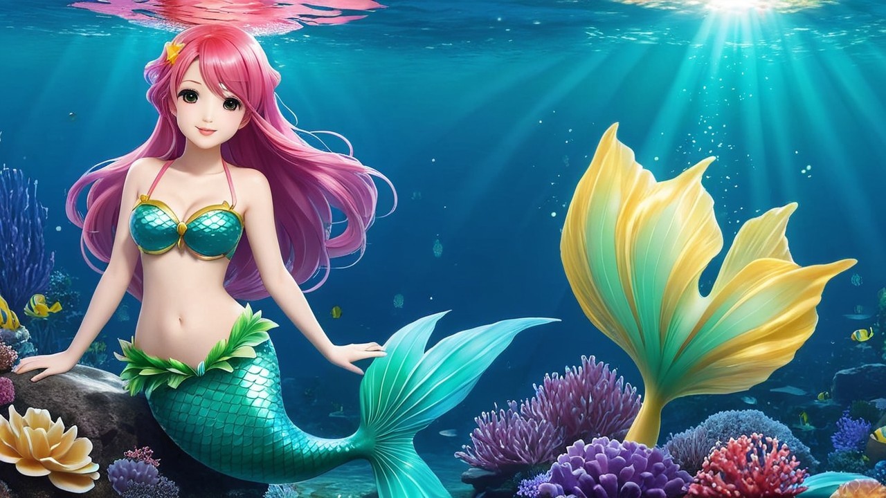 Vibrant Underwater Scene with Colorful Mermaid