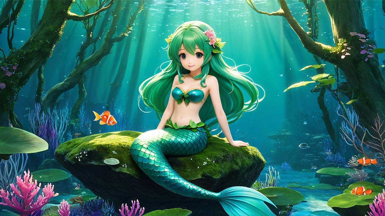Vibrant Underwater Scene with Mermaid and Coral Reef