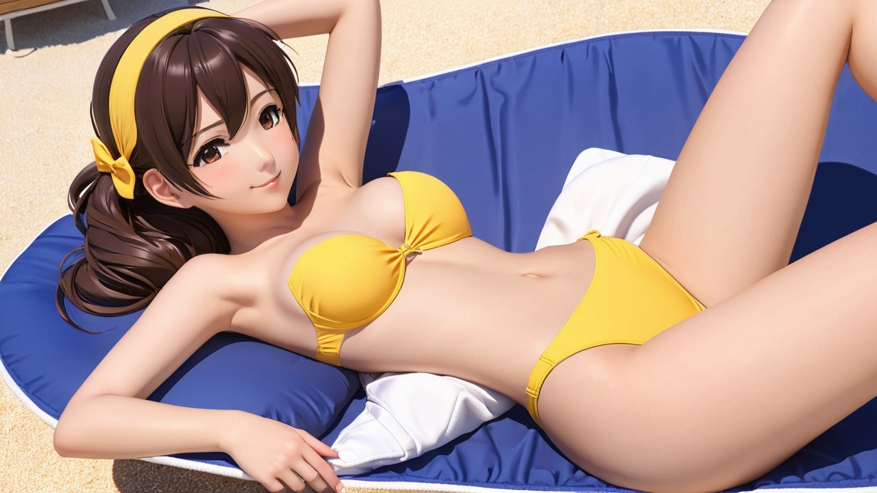 Young Woman Relaxing on Beach in Yellow Bikini