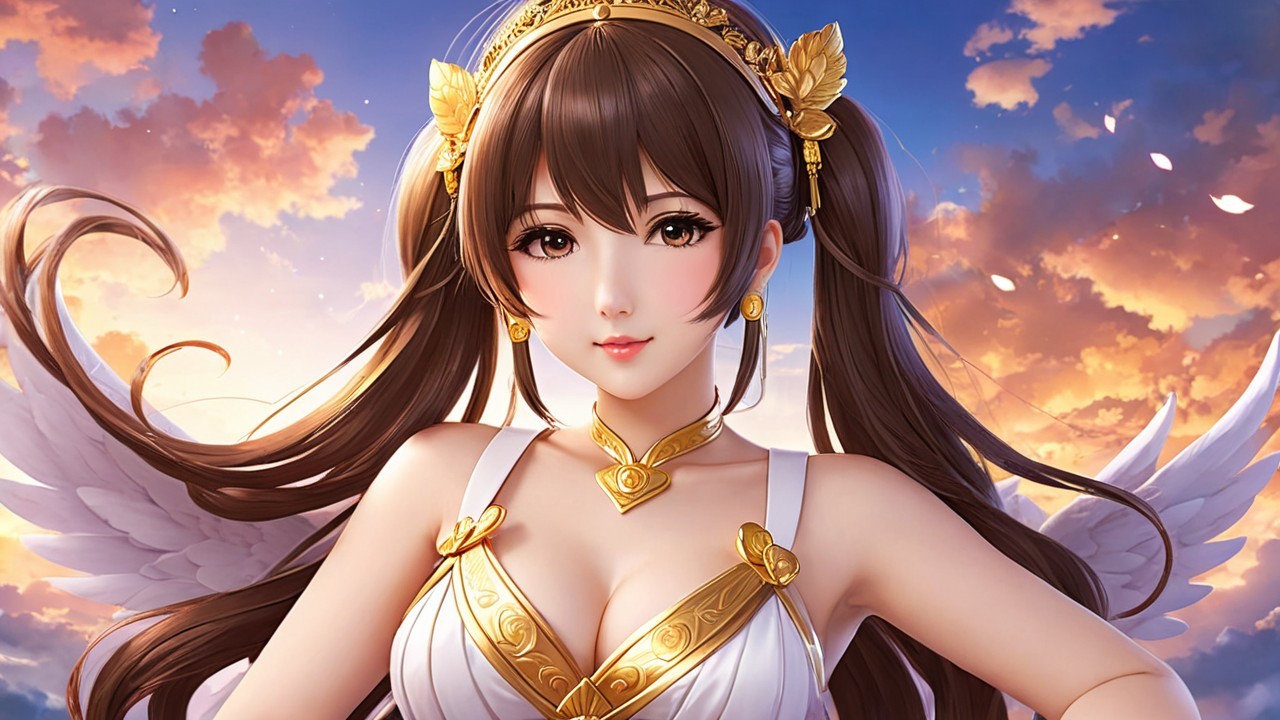 Heroic Figure with Wings Against a Sunset Background