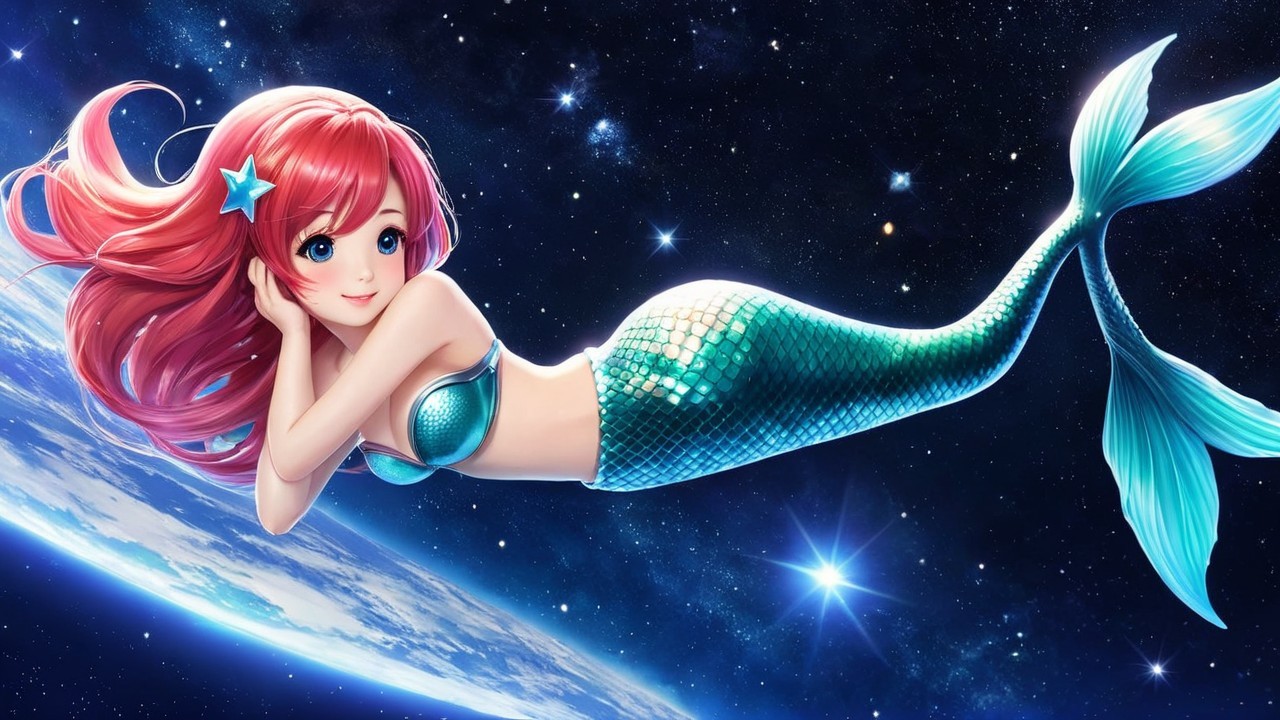 Whimsical mermaid in cosmic fantasy setting