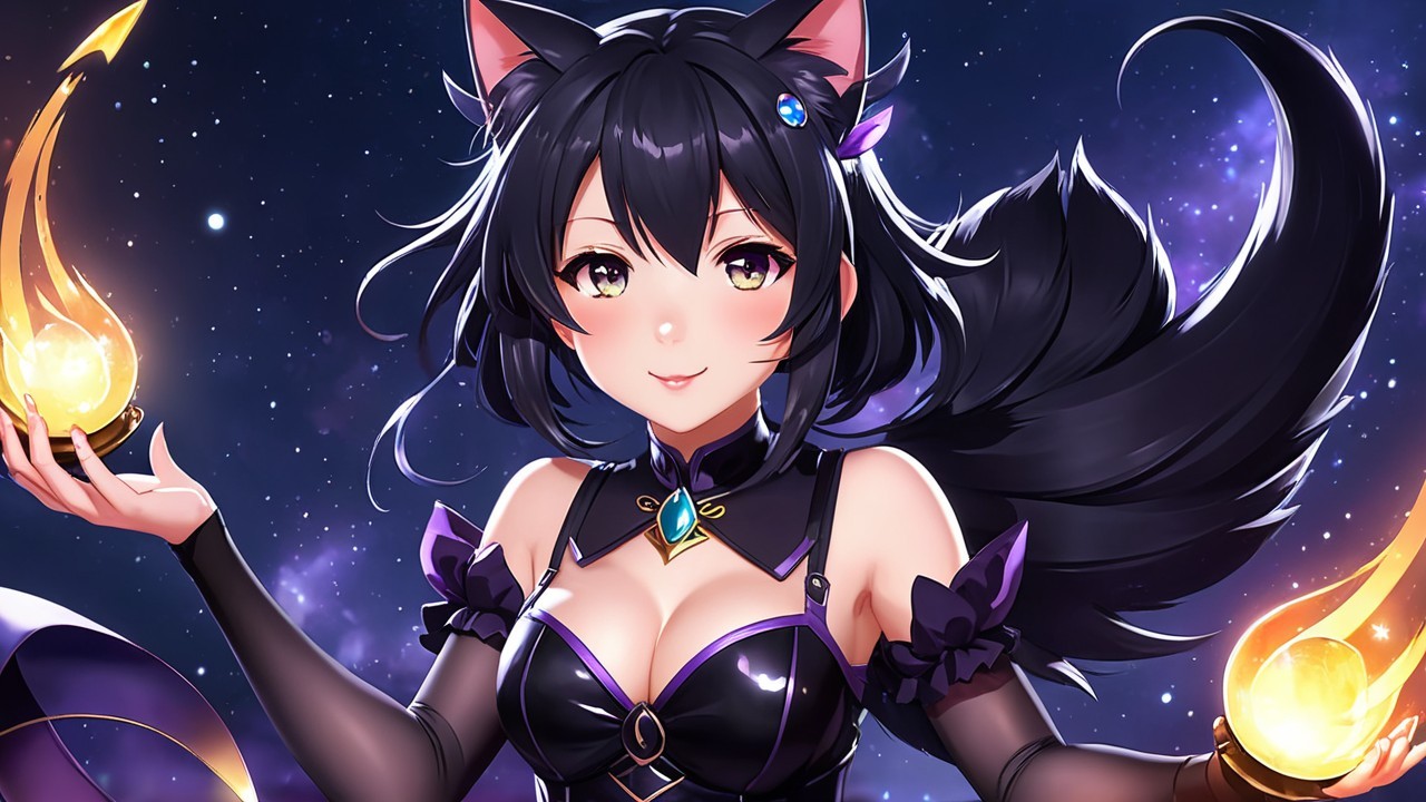 Fantasy Character with Cat Features in Galaxy Setting