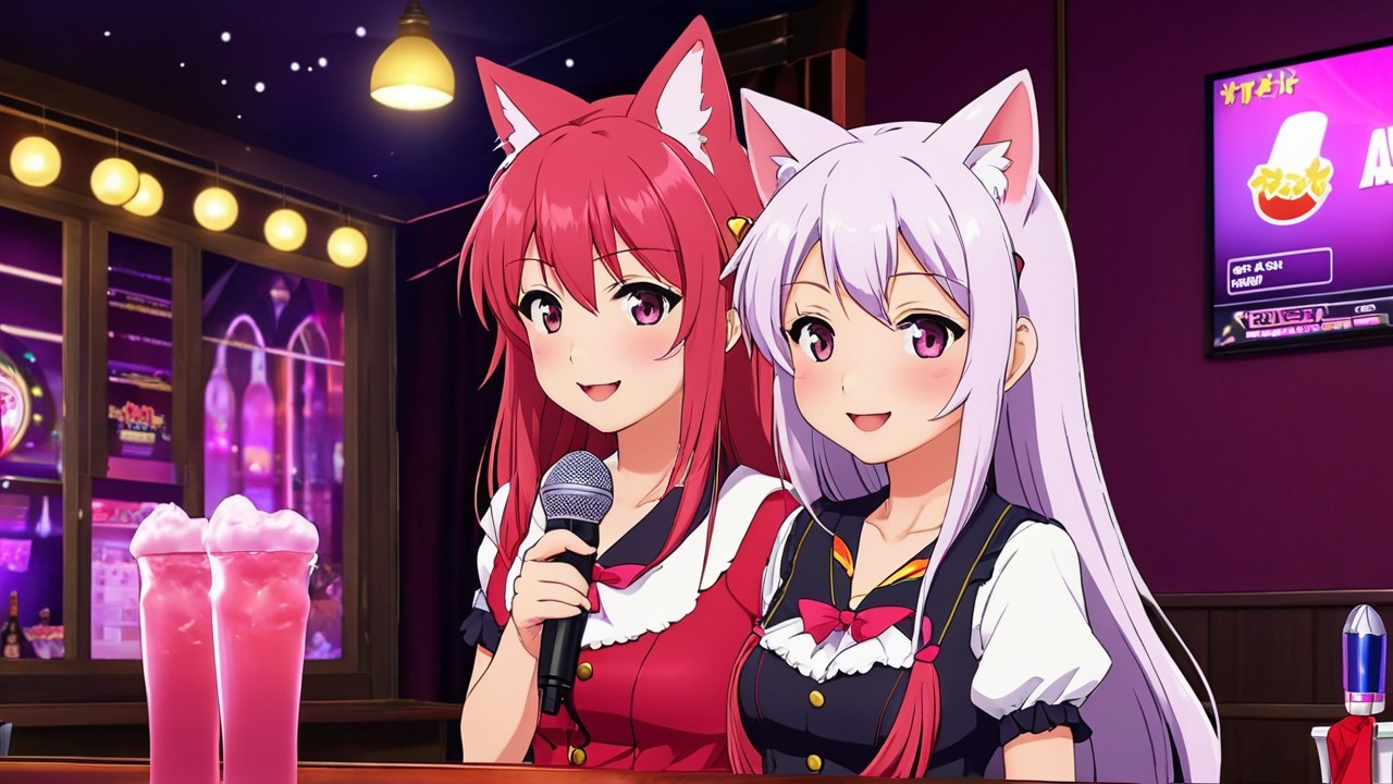 Cheerful anime characters in a vibrant bar setting