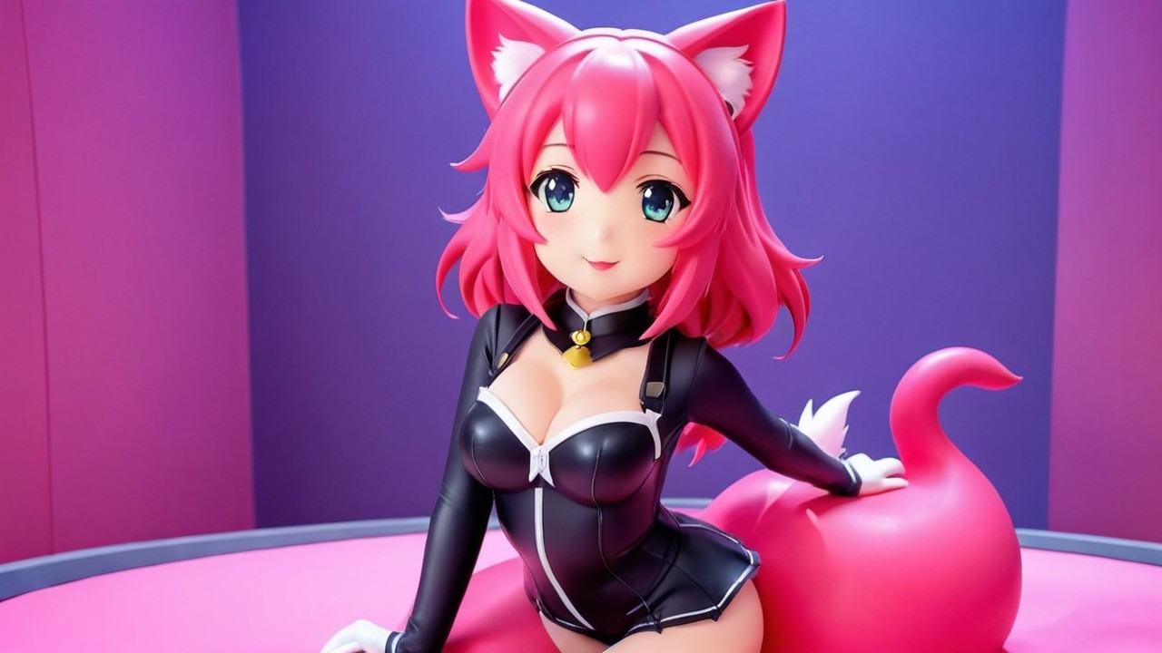 Stylized Anime Character with Pink Hair and Fox Tail