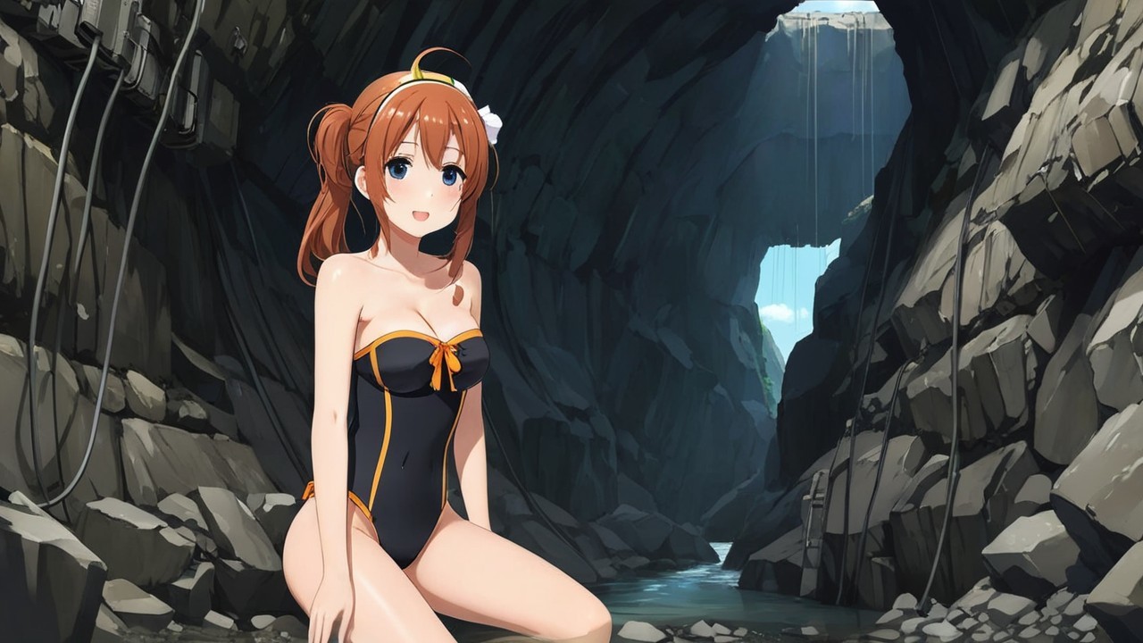 Character in a cave with sunlight and glistening water