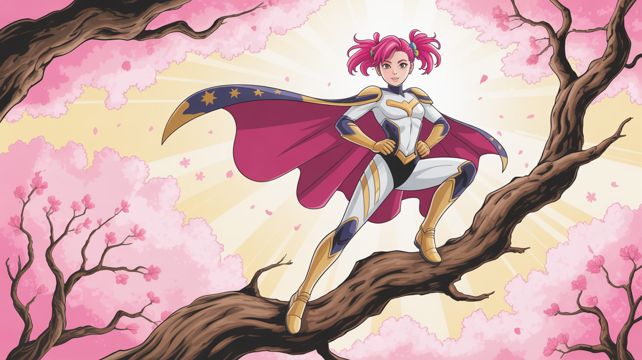 Superheroine on Tree Branch with Cherry Blossoms