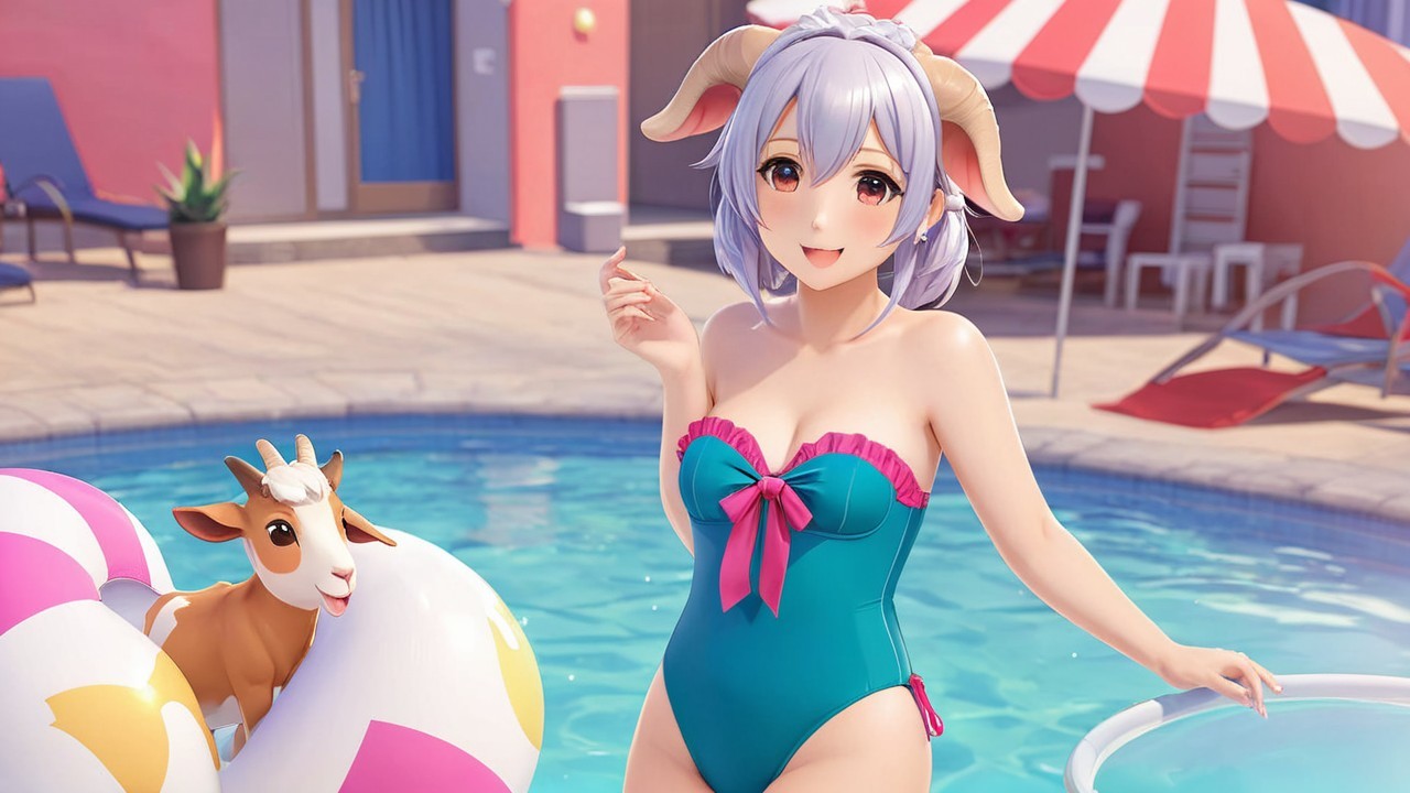 Cheerful anime character by a blue swimming pool