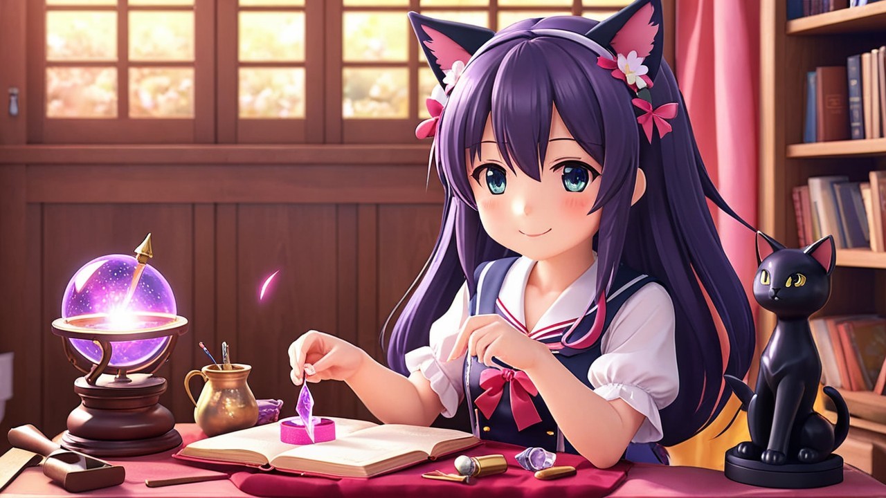 Young girl with cat ears writing at a wooden desk