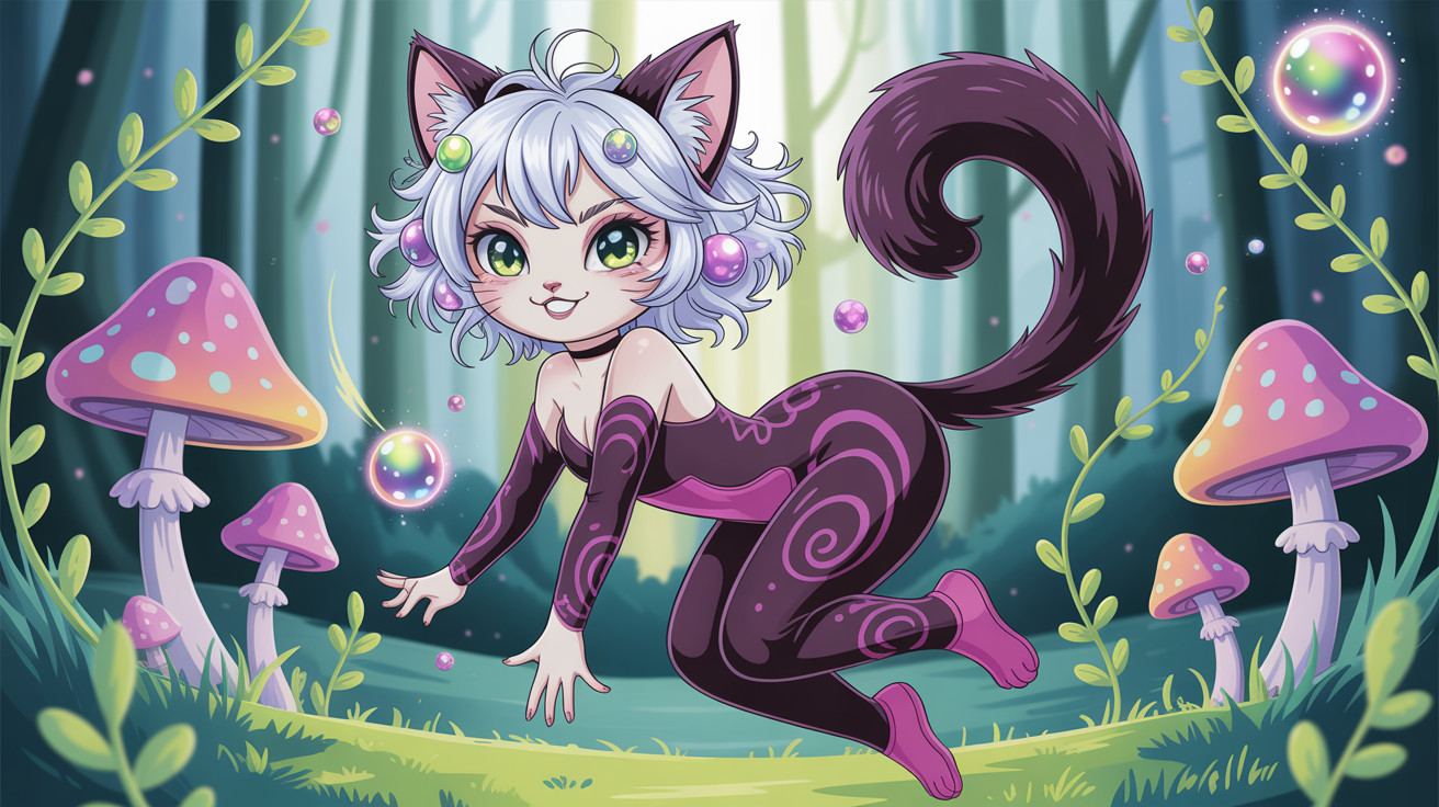 Anime-style cat girl in a magical forest setting