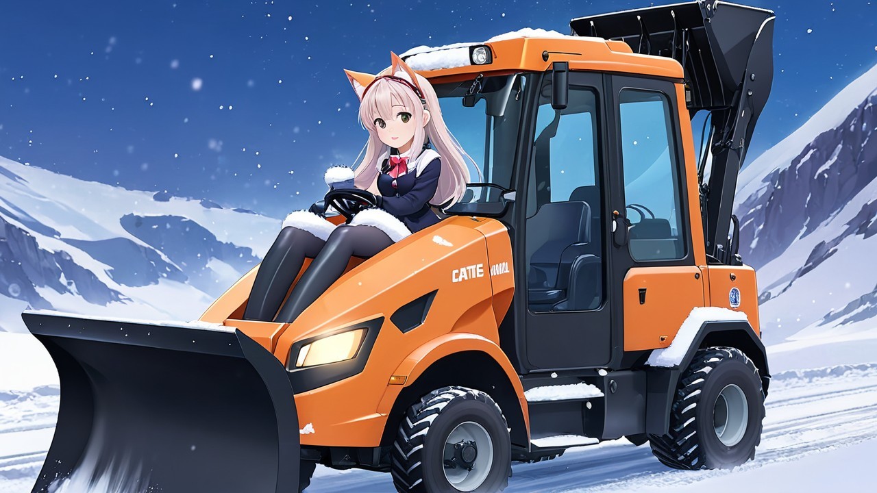 Anime Character in Snowplow in Snowy Landscape