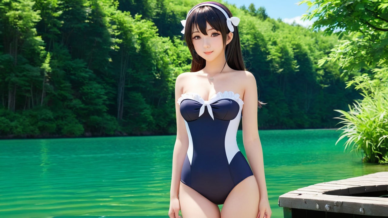 Young woman by turquoise lake in stylish swimsuit