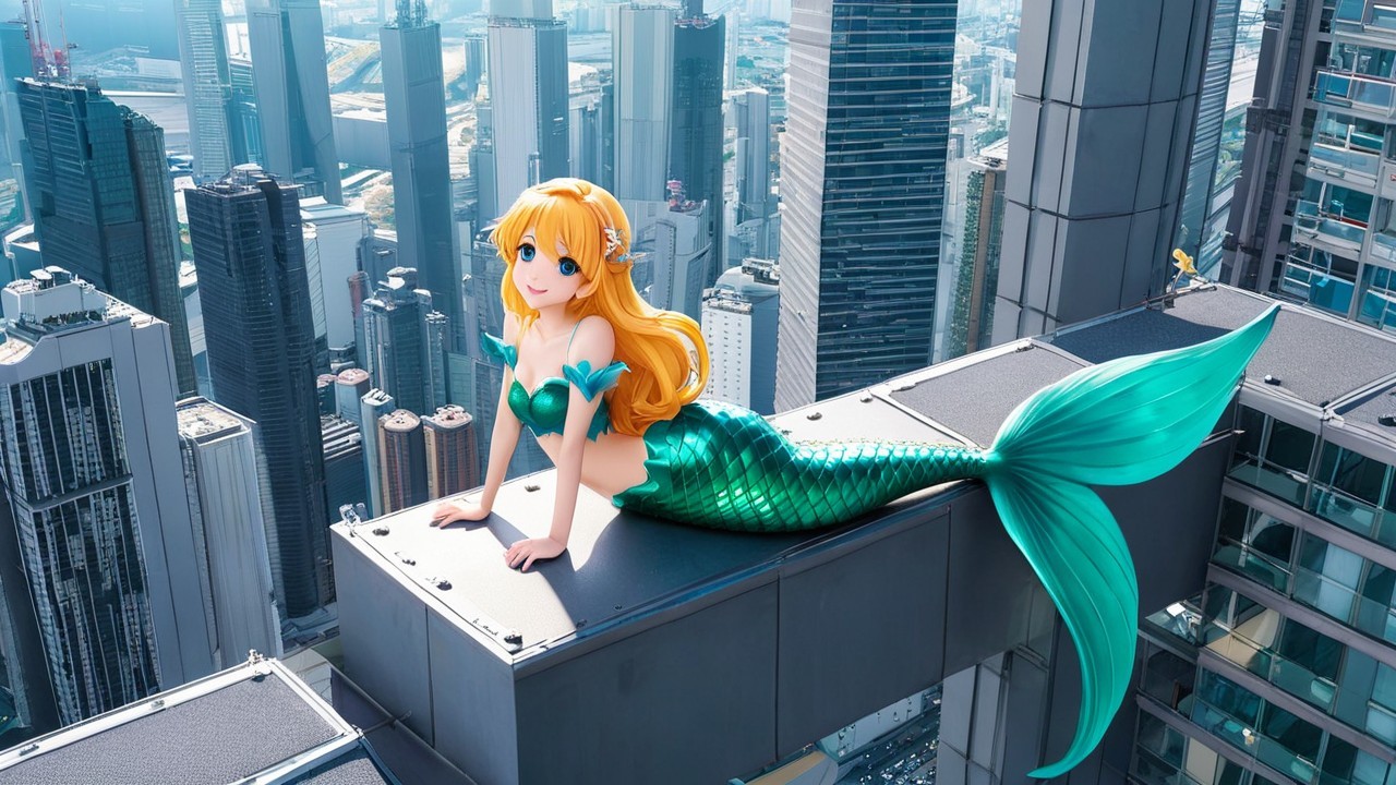 Mermaid on Skyscraper in Urban Fantasy Scene
