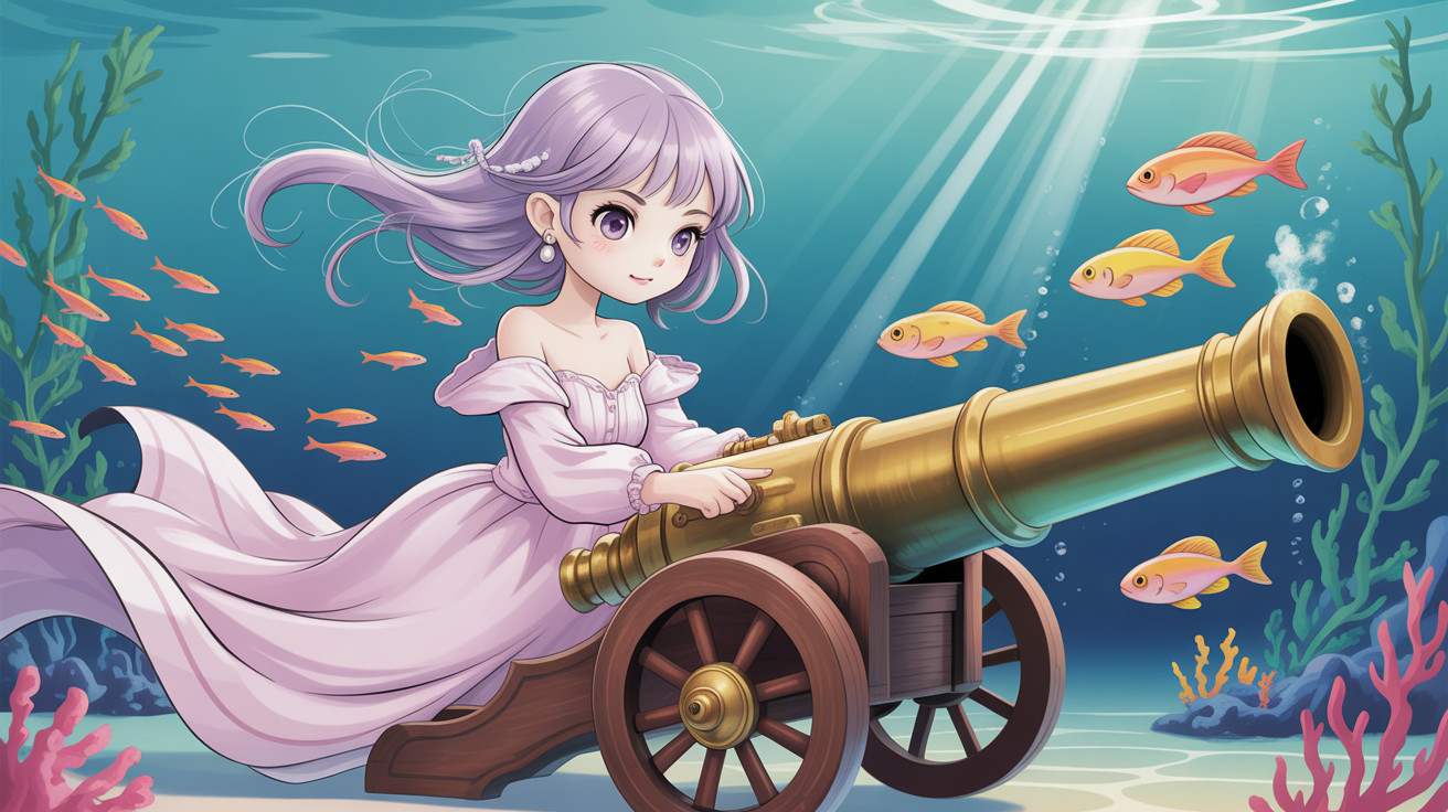 Underwater Scene with Young Woman and Golden Cannon