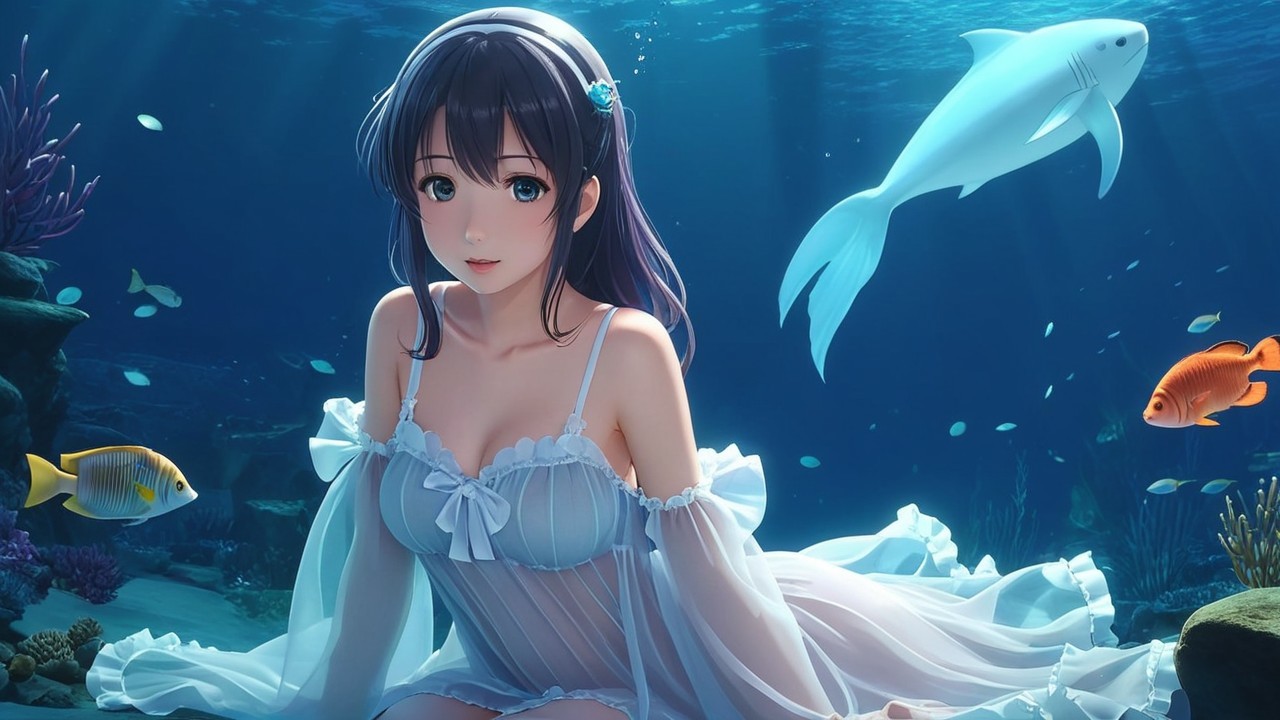 Young woman underwater with fish and soft light