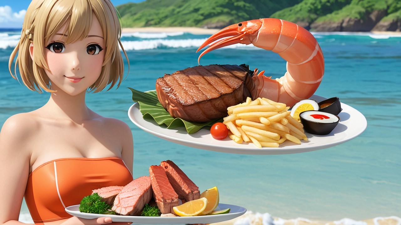 Cheerful Character with Seafood Platter at Beach