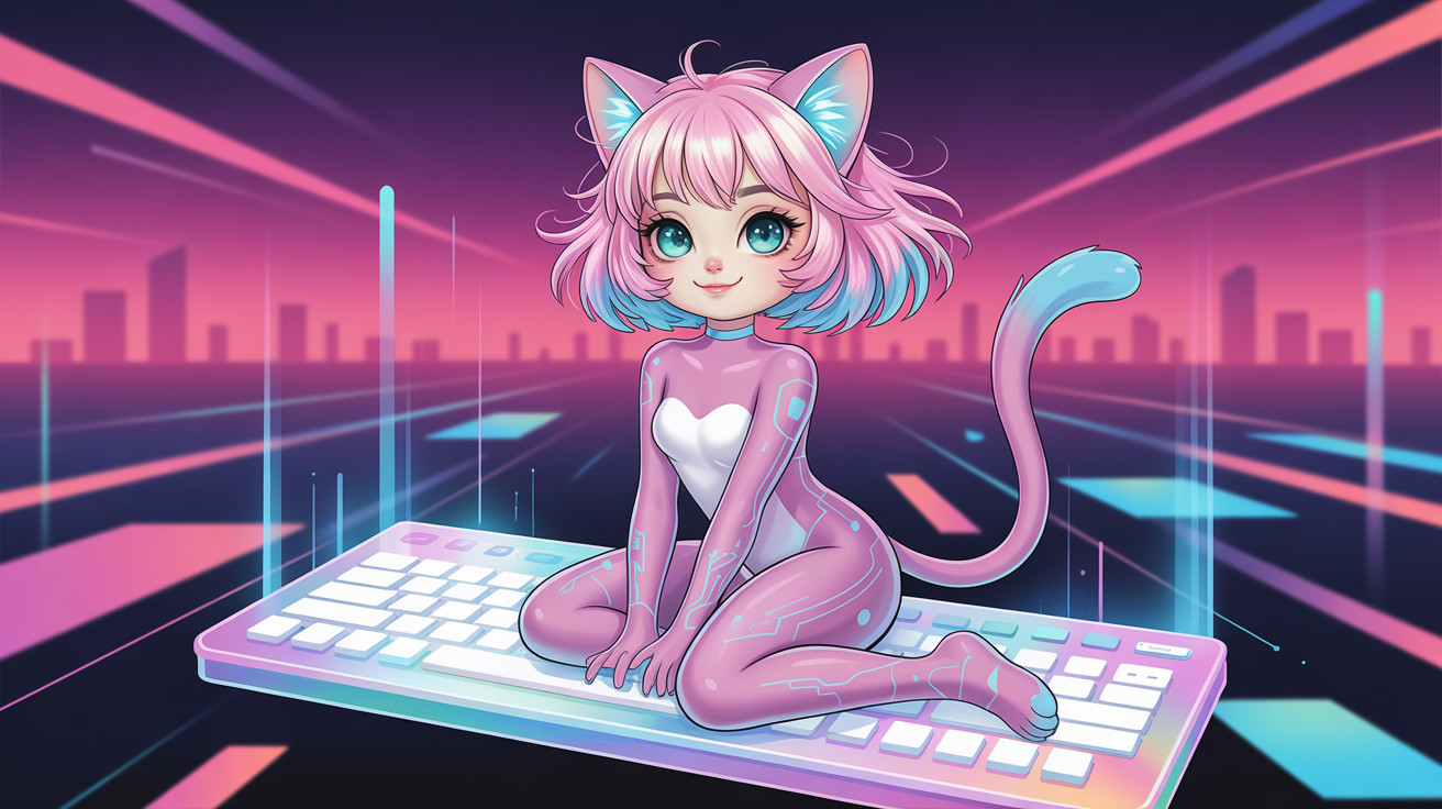 2D Rendering of a Pink Kitten Girl in Neon Cityscape