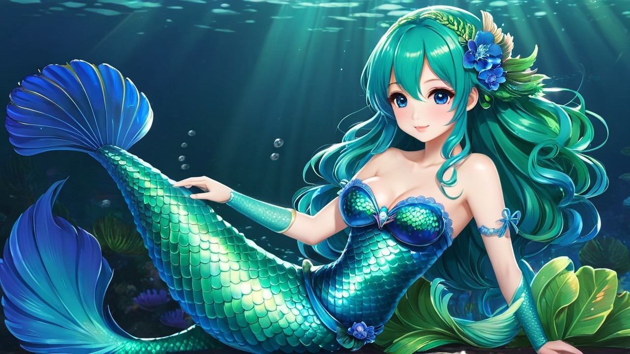 Vibrant Mermaid with Turquoise Hair Underwater Scene