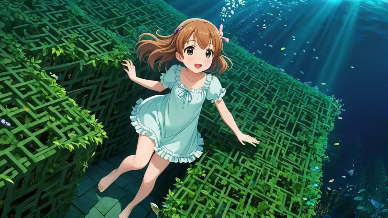 Cheerful girl in blue dress in underwater maze