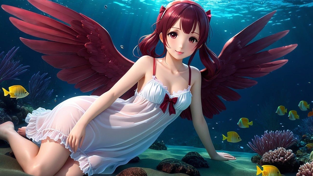 Fantasy Underwater Scene with Winged Girl and Coral
