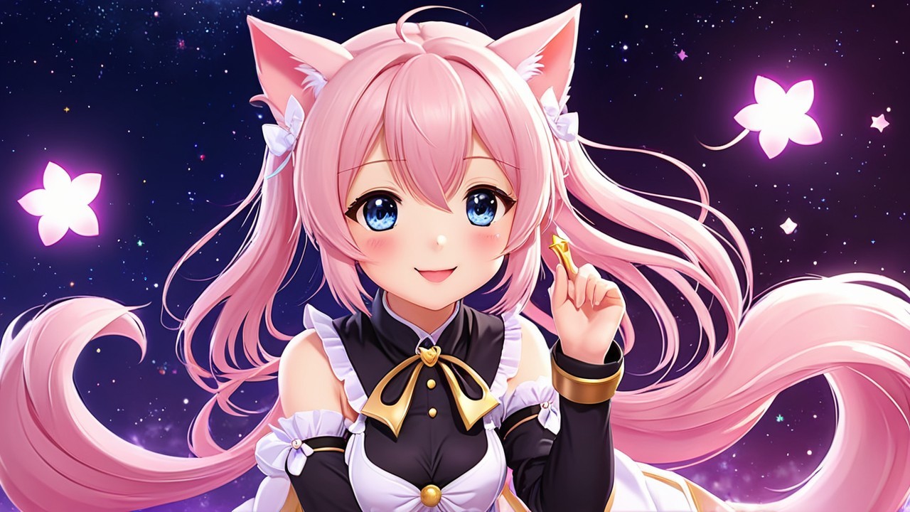Cheerful anime girl with pink hair and cat ears