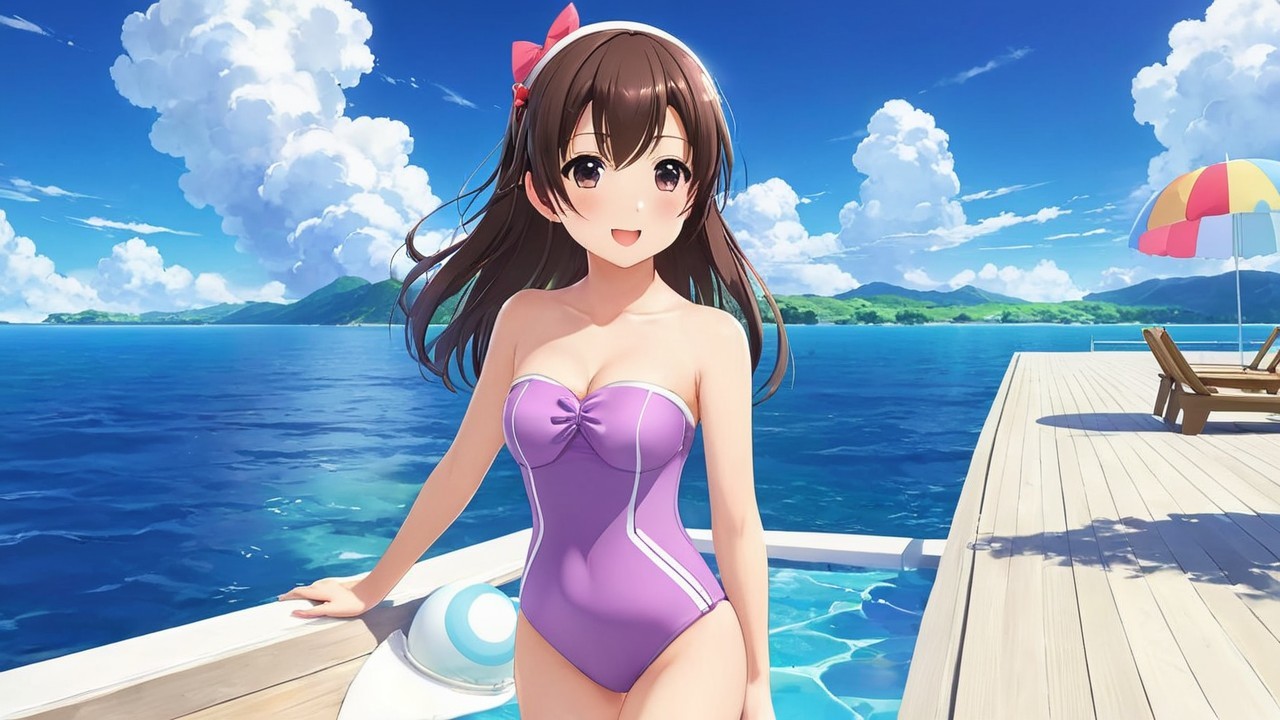 Cheerful Animated Girl by Vibrant Blue Ocean Dock