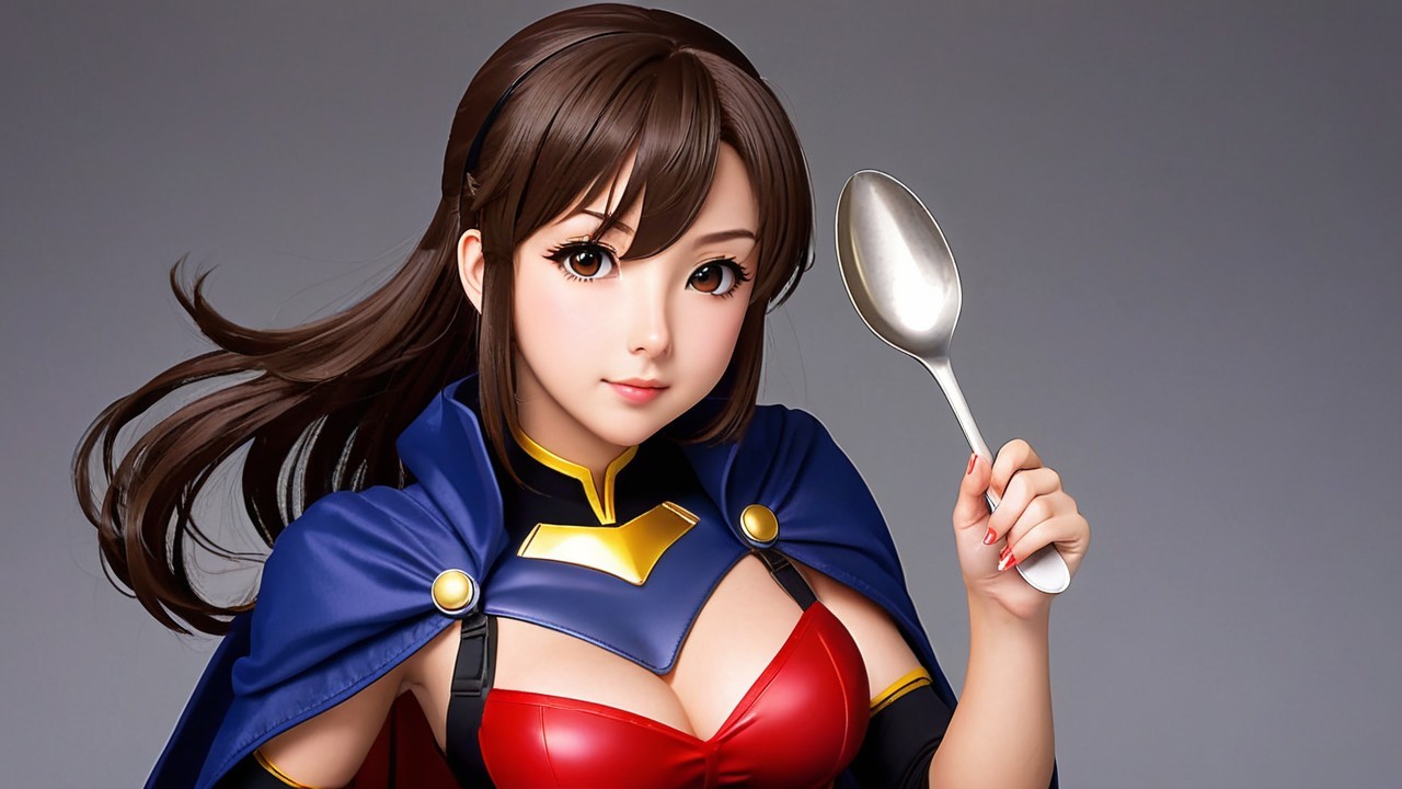 Stylized female character in vibrant superhero costume