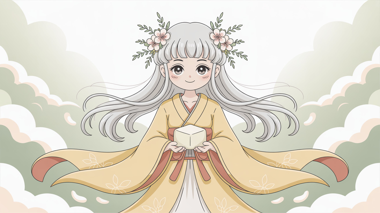Cartoon Character with Gray Hair in Yellow Floral Robe
