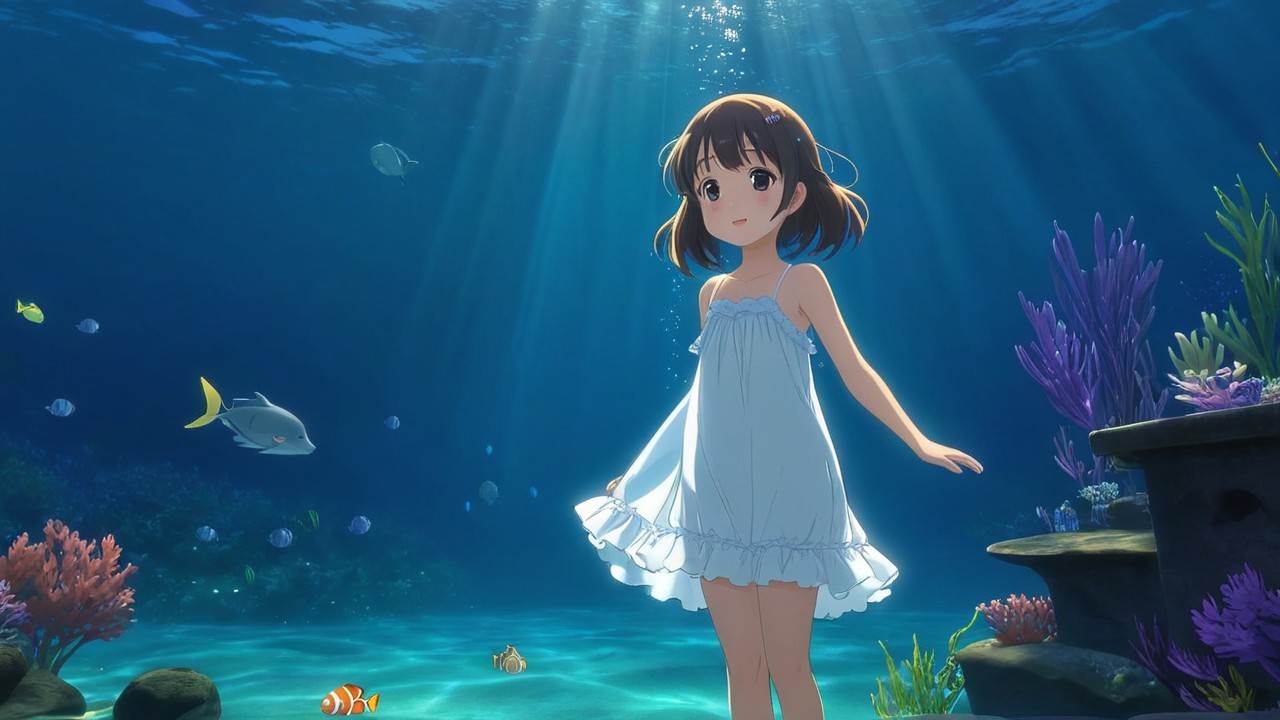 Young girl in white dress underwater with coral and fish