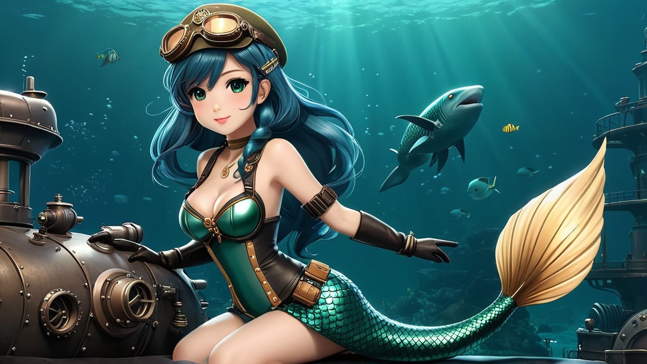 Vibrant Underwater Scene with Stylish Mermaid and Submarine