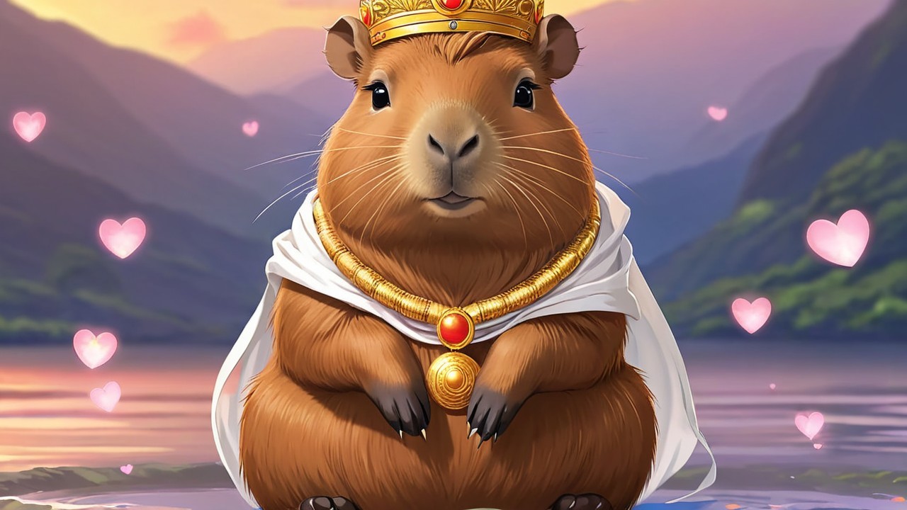 Capybara in Crown and Cape by Serene Lake Scene