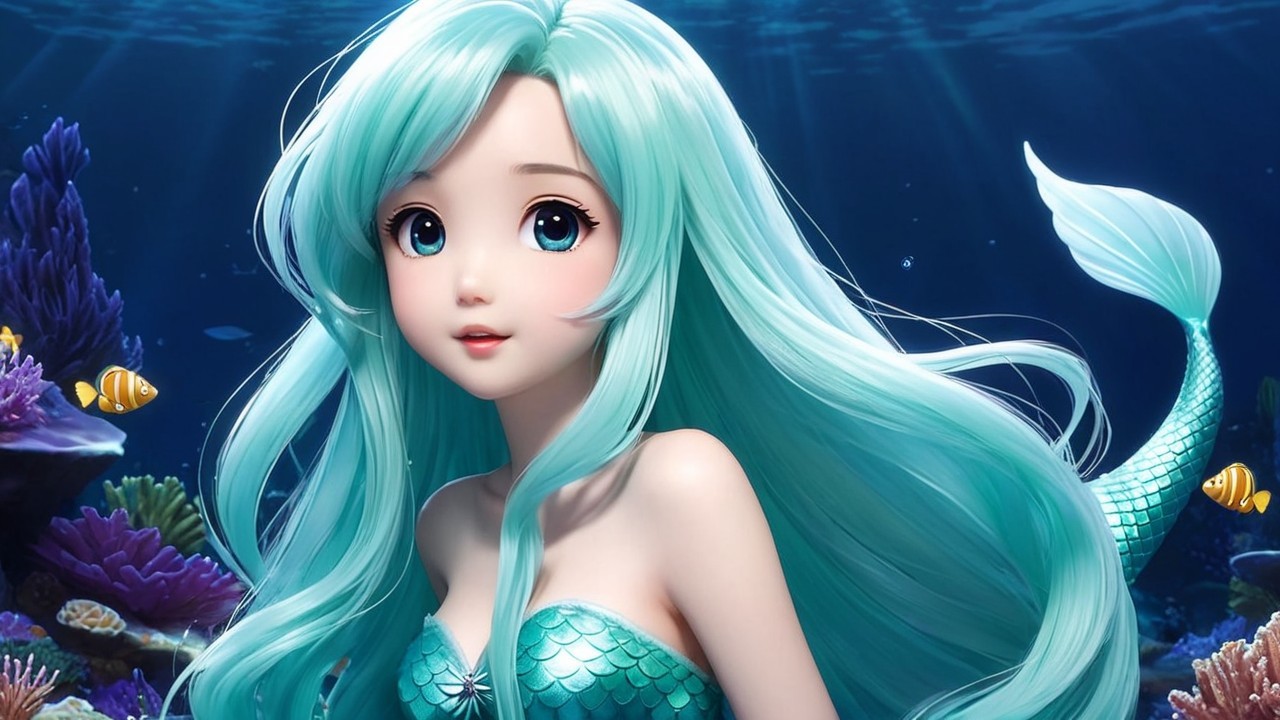 Animated mermaid with aqua hair in vibrant ocean scene