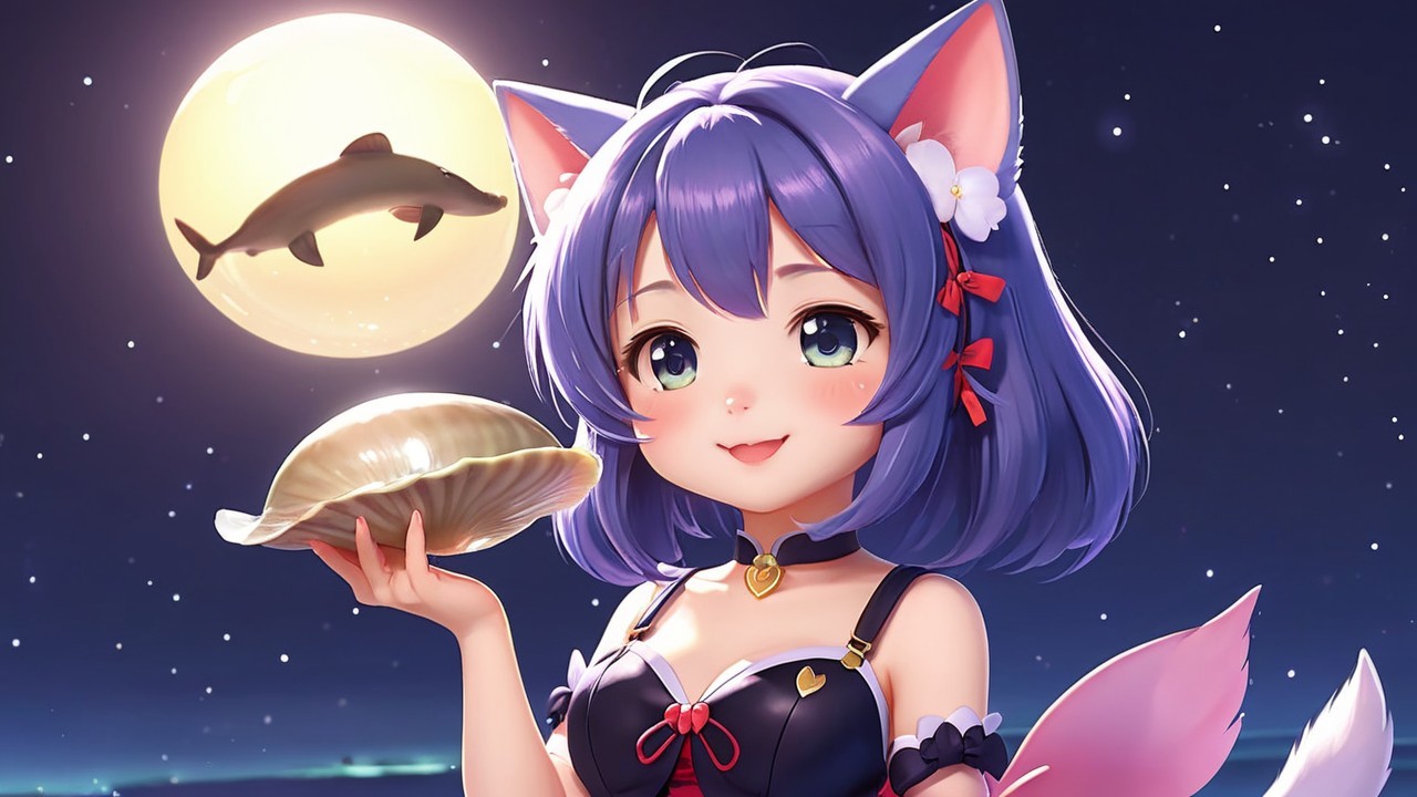 Anime girl with cat ears and glowing shell under moonlight