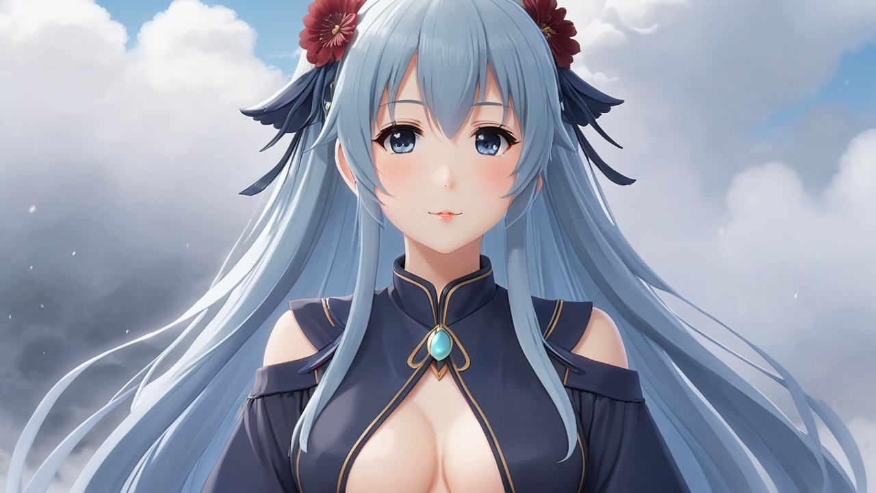 Anime Character with Light Blue Hair and Cloudy Sky