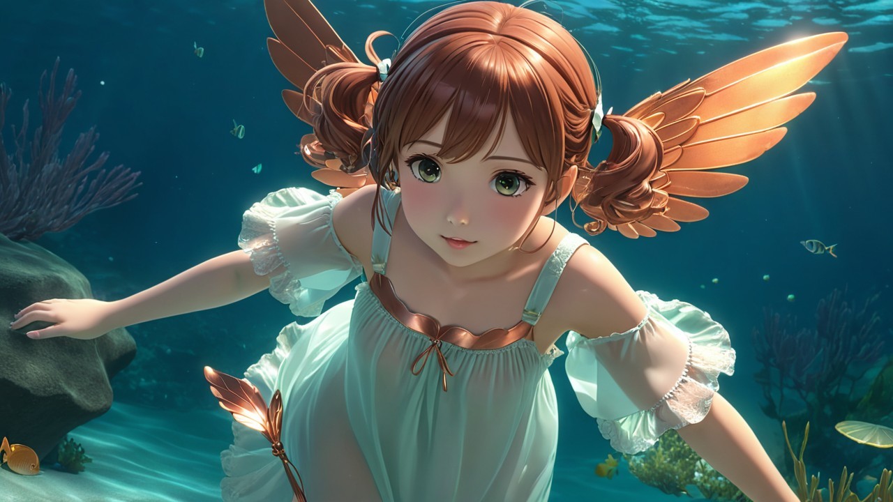 Whimsical Underwater Scene with a Curious Girl
